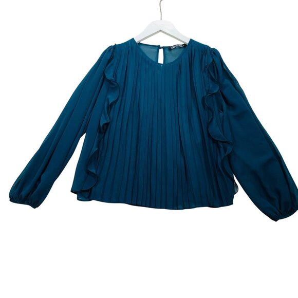 - Zara pleated forest green  ruffled blouse sz meduim - Picture 2 of 15